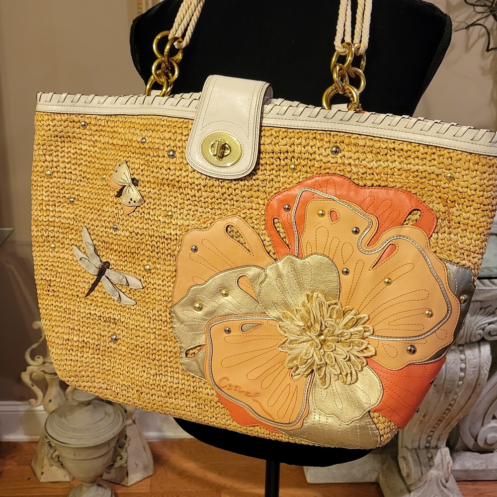 Coach Limited Edition Hamptons Editorial Weekend Straw Dragonfly Flower Tote 213 - Picture 12 of 16